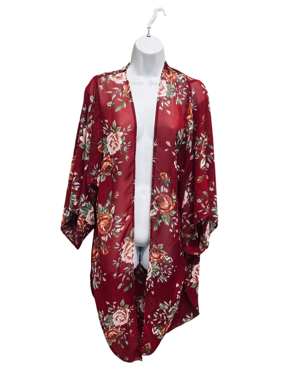 My Beloved Burgundy Floral Sheer Open Front Kimono Cardigan Size S